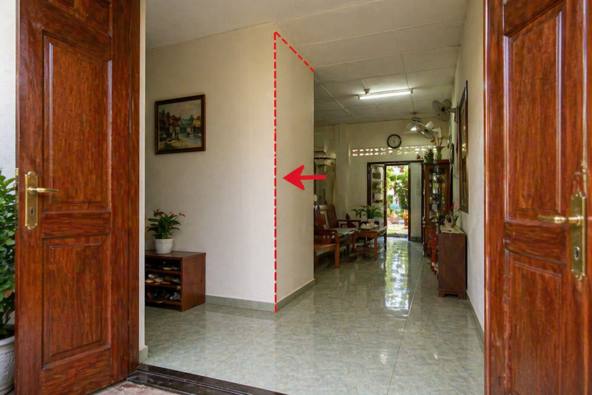 Lỗi phong thủy cửa chính: Góc tường chĩa vào cửa chính Lỗi phong thủy cửa chính: Góc tường chĩa vào cửa chính